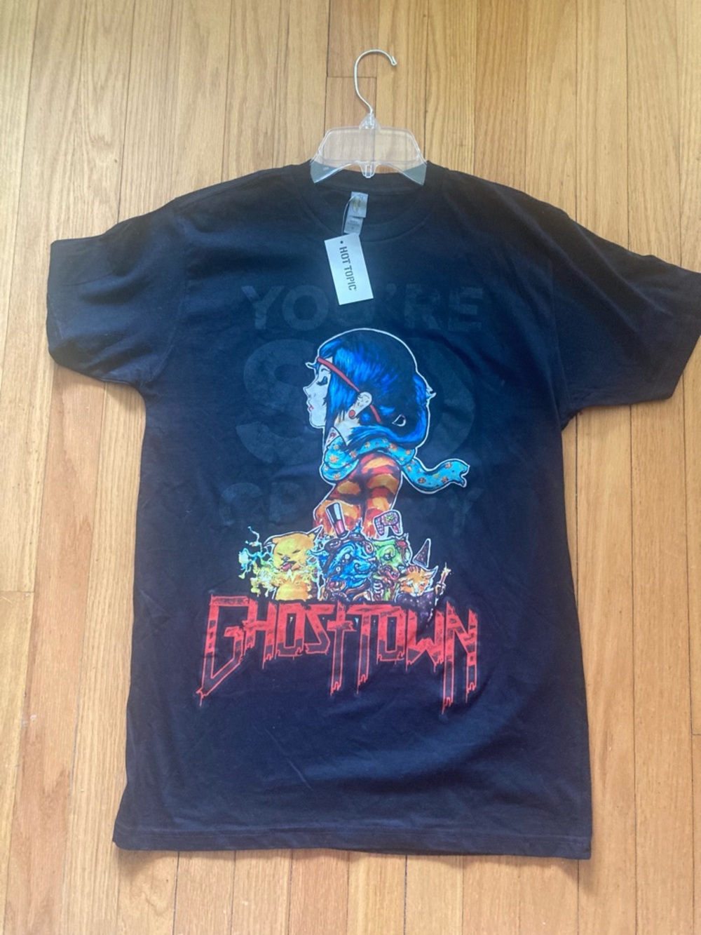 Hot Topic Rare Black GhostTown Band Graphic Tee with Purple & Yellow Tag Detail